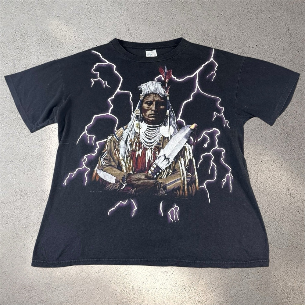 Vtg AOP 90s American Thunder Native American Lightning Eagle Boxy  T-Shirt Sz XL